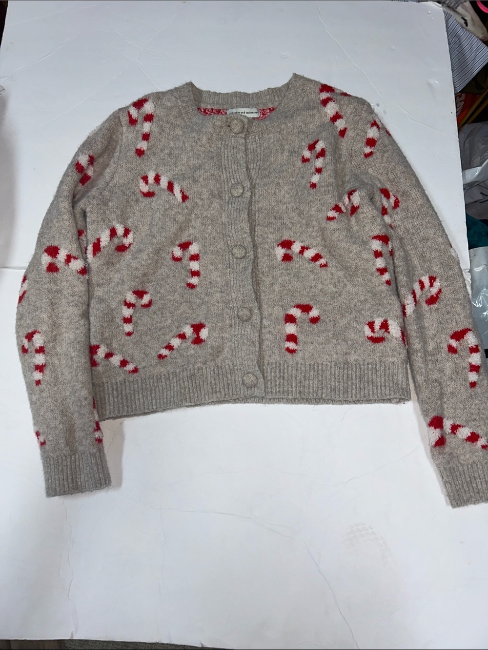 cupcakes & cashmere Beige Candy Cane Motif Cardigan